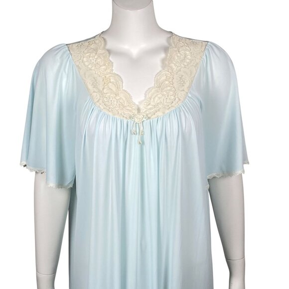 Vintage Shadowline Light Blue Nylon Nightgown Womens M Flutter Sleeves Lace Trim - Picture 2 of 6
